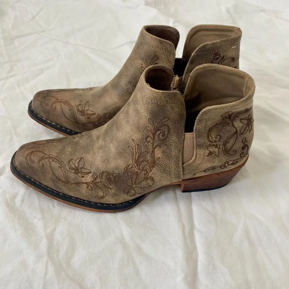 Pierre Dumas Kaylee Vegan Leather Laser Floral Design Tan Brown Cowboy Boots 7.5